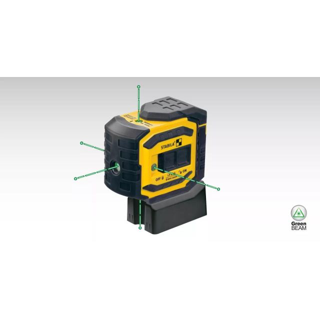 SB3165 The self-leveling, STABILA LA-5P G, projects 5-bright GREENBEAM laser dots, visible up to 60 ft. Layout points can be transferred and right angles can be set in an instant.