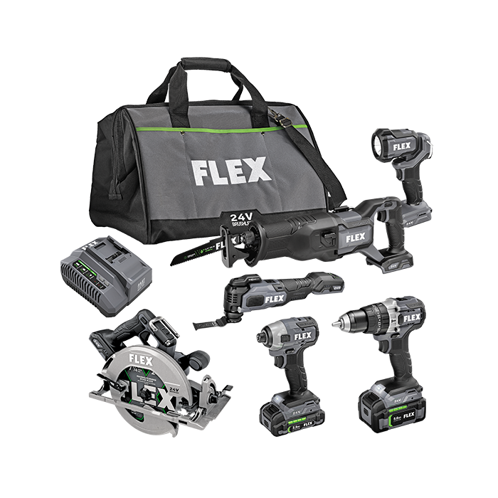 Flex Tools Hammer Drill Impact Driver 7-1-4 Circular Saw Oscillating Multi-Tool Reciprocating Saw and Work Light Combo Kit FXM601-2B