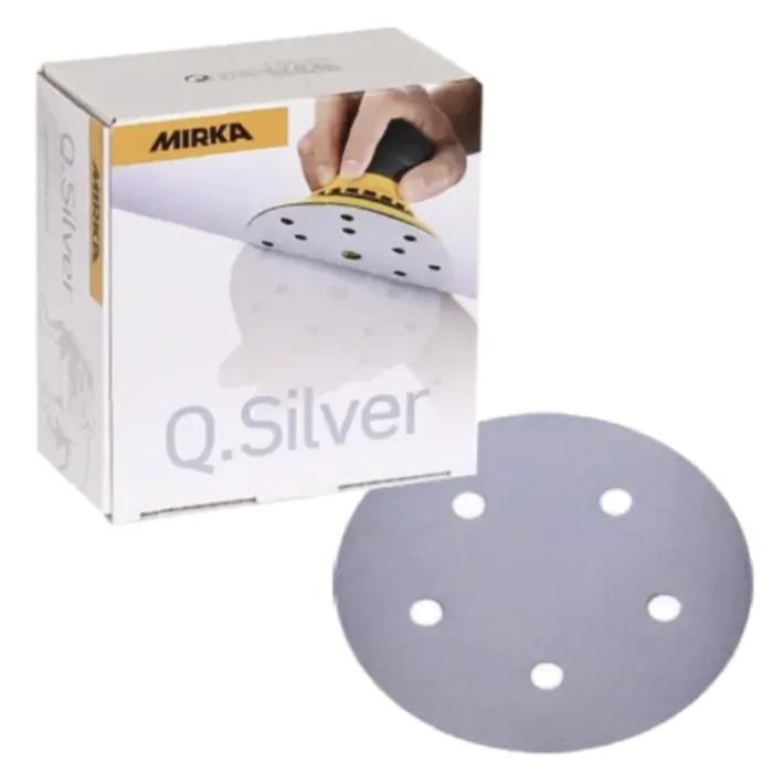 MK2B-614-080 The Mirka Q-Silver 5 IN. 5 Hole Grip Vacuum Disc 80G has a backing made from strong and flexible latex paper. This makes it optimal for quick, efficient, and aggressive stock removal. The resin-bonded abrasive also has a high heat endurance, 