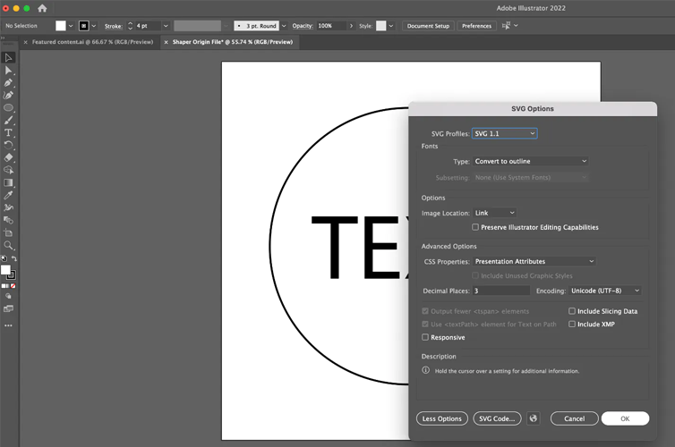 Screenshot of saving an SVG file in Adobe Illustrator